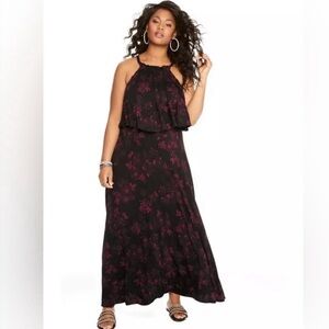 GUC 2x Torrid Black Pink Floral Maxi Dress Sleeveless Ruffle Sexy Cotton